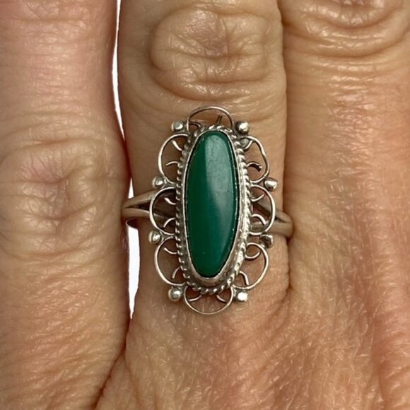 VTG Sterling Silver 925 Filigree Scrollwork Oval Bezel Set Green Onyx Ring 5.5 - Picture 12 of 16